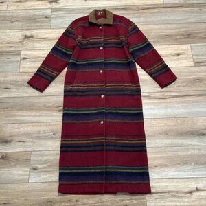 Woolrich Blanket Coat SZ Small Red Stripe Wool Blend Long Button Up Vintage